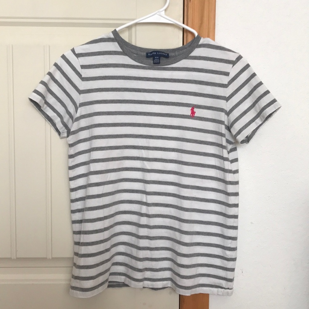 short sleeve gray and white striped top